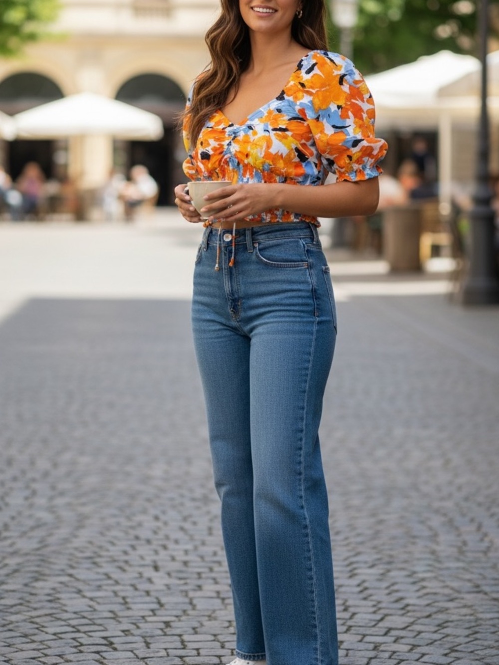 M/L Moda Orange and Blue Floral Blouse